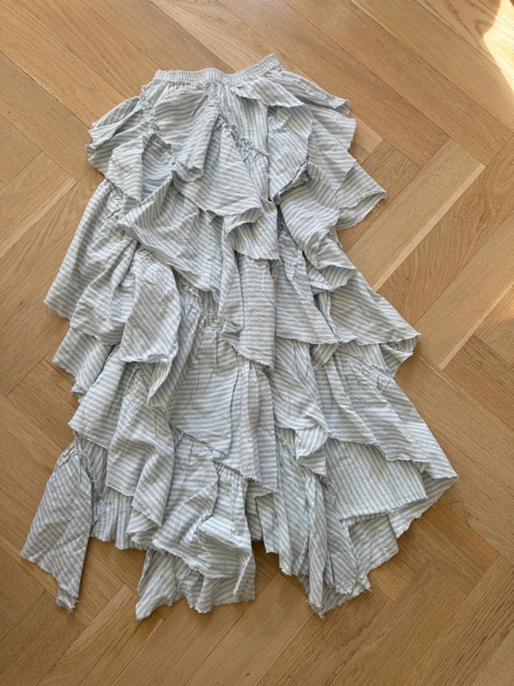 Free People Light Blue and White Striped Asymmetrical Ruffle Skirt